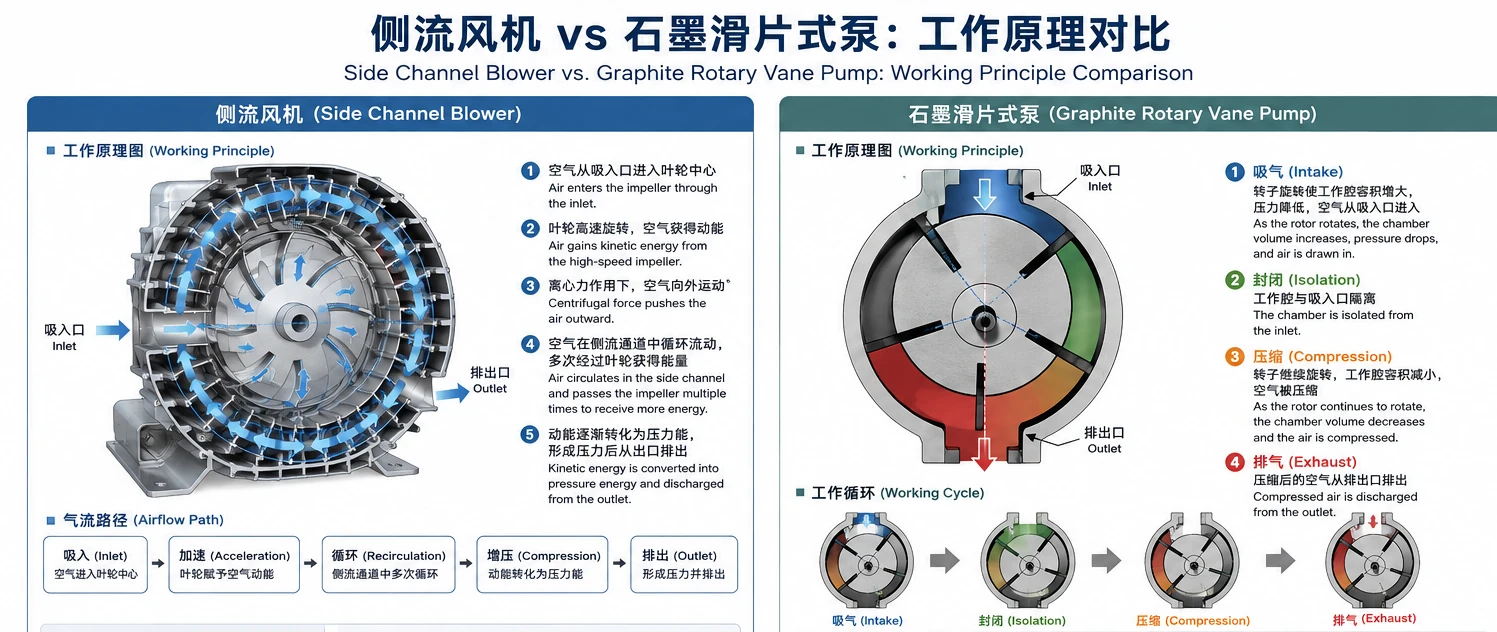 Side channel blower vs graphite rotary vane pump working principle